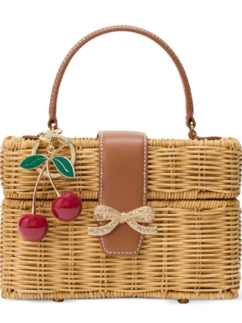 Self-Portrait Tan Rattan Top-Handle Bag with Red Cherry Charm - Picture 3 of 10